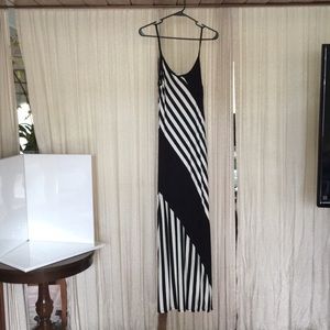 Black and white diagonally striped long dress.